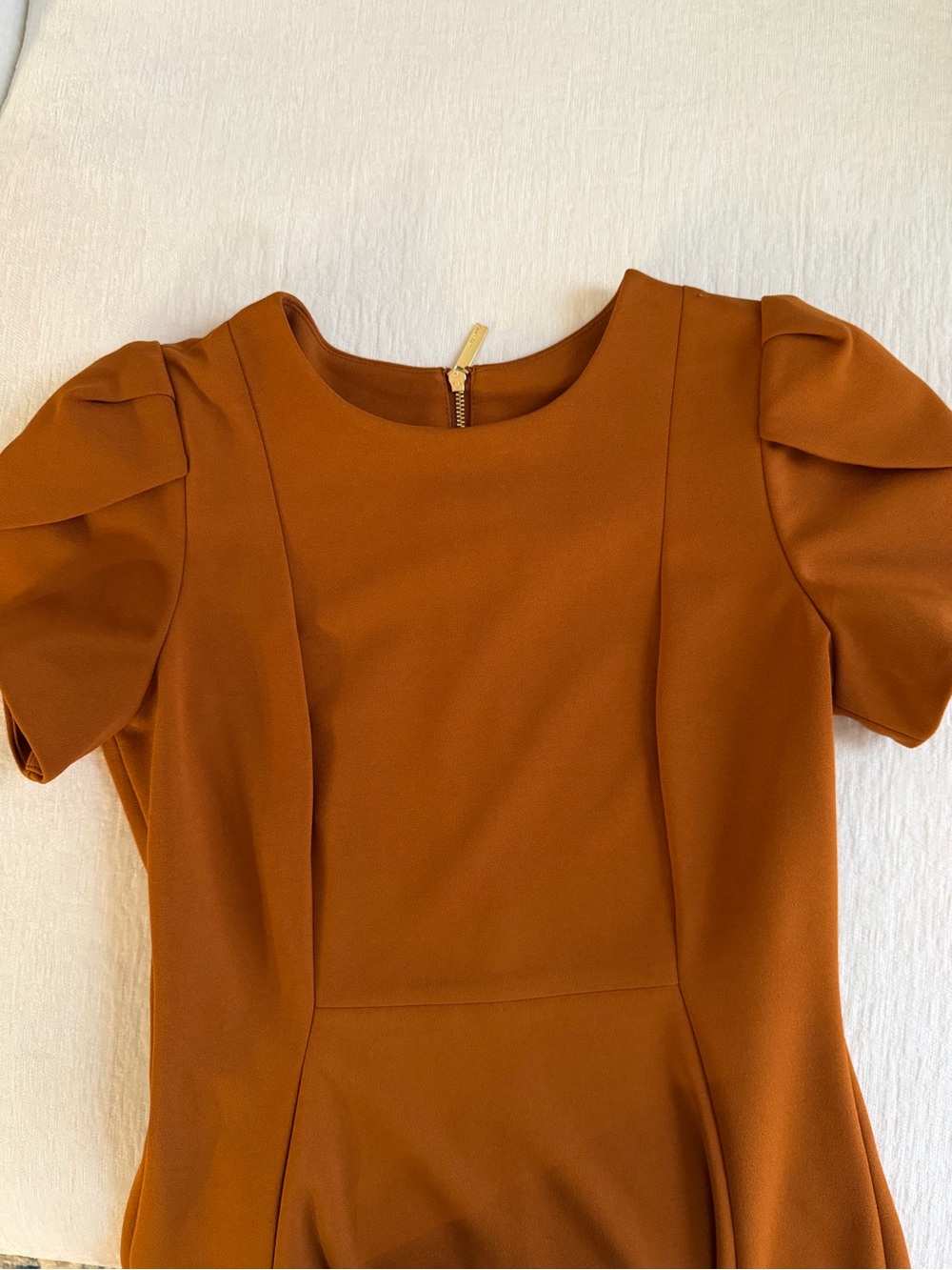 Calvin Klein Puff-Sleeve Sheath Midi Dress in Mustard - Picture 6 of 9